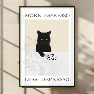 Geschenk für Kaffeeliebhaber,Kunstdruck Poster schwarze Katze, Kaffee Deko, Tierposter, Gastronomie Dekoration, Illustration, minimalistisch