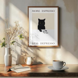 Poster mit Spruch Espresso Less Depresso,schwarze Katze, Kaffee Deko, Tierposter, Gastronomie Dekoration, Illustration, minimalistisch