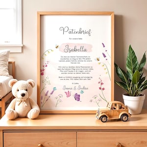 Carta padrino bautizo, personalizable, regalo para ahijado, poster bebé, también PDF A4, flores y mariposas