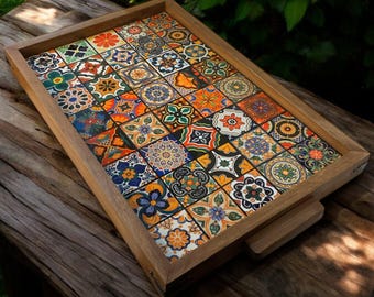 Colorful Ceramic Tile Wooden Tray – Rustic Handmade Serving Tray – Spanish Talavera Style Home Decor – Boho Coffee Table Tray