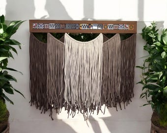 Turkish Tile Wall Ornament-Macrame-Ceramic Wall Art-Bohemian Wall Decor-Handmade Home Accent-Ethnic Textile Art-Boho Fringed Tapestry