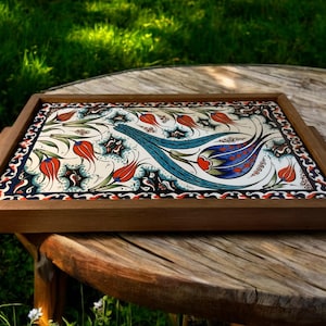 Turkish ceramic patterned wooden tray - Ottoman Floral Patterned, Decorative Coffee Table Tray, Unique Gift&quot; - a unique gift-decorative tray