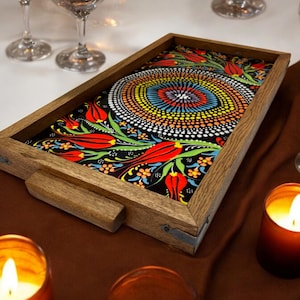 Handcrafted Turkish Ceramic Tray – Wooden Serving Tray with Decorative Metal Corners – Elegant Ottoman Style Home Decor-Valentine&#39;s day gift