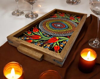 Handcrafted Turkish Ceramic Tray – Wooden Serving Tray with Decorative Metal Corners – Elegant Ottoman Style Home Decor-Valentine's day gift