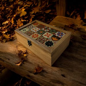 View of Rustic Wooden Keepsake Box With Colorful Ceramic Tiles – Handmade ...