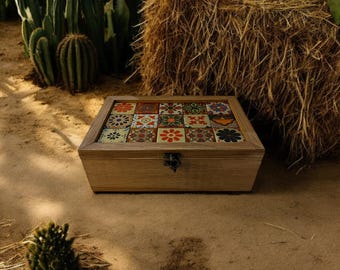 Handmade Wooden Storage Box with Ceramic Details | Tea & Coffee Box | Decorative Wood Organizer