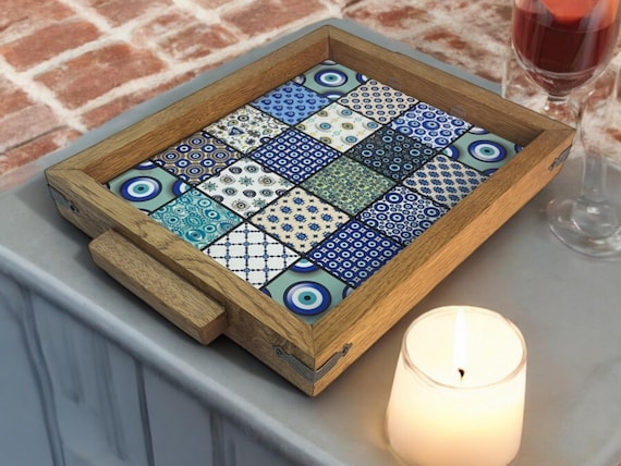 Handmade Oak Wooden Serving Tray with Ceramic Surface | Rustic Kitchen Tray | Boho Decorative Tray