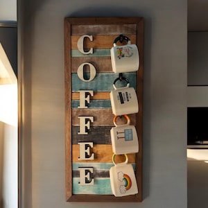 Rustic Coffee Mug Holder-Wooden Coffee Cup Hanger-Wall Mounted Mug Rack-Farmhouse Kitchen Decor-Coffee Bar Organizer-Gift for Coffee Lovers