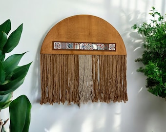 Handmade Wooden Wall Art with Macrame and Turkish Tile Accents-Boho Wall Decoration - Rustic Ceramic Decor-Unique Home Decor-Gift for her