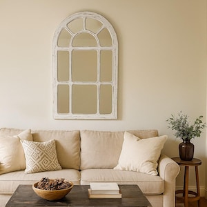 Rustic Arch Wall Mirror – Distressed White Windowpane Mirror – Farmhouse Bathroom Vanity Mirror – Vintage Cottagecore Home Decor