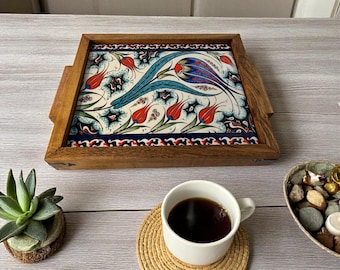 Handmade Wooden Serving Tray: Turkish Tile Inlay, Rustic Ottoman Decor