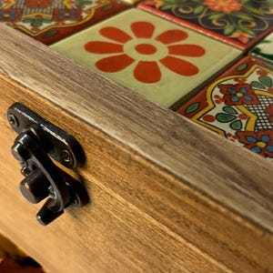 Image showcasing Rustic Wooden Keepsake Box With Colorful Ceramic Tiles – Handmade ...