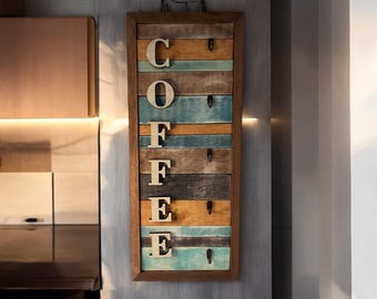 Rustic Wood Coffee Bar Organizer | Handmade Wall Decor with Hooks