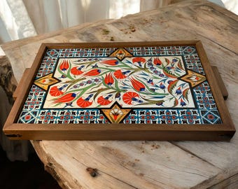Handmade Ottoman Serving Tray: Turkish Ceramic Floral Decor (18.5"x11.1")