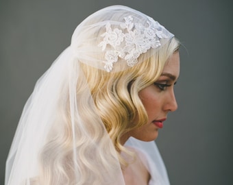 Lace Wedding Veil, Juliet Cap Veil, Lace Bridal Veil, Corded Lace, Kate Moss Cap Veil, Ivory Veil, Cathedral Veil, 1920's Veil, 1550