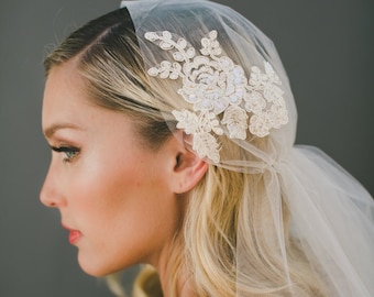 Juliet Cap Veil-Lace Applique Veil-Boho Veil-1920s Headpiece-Halo Crown- 1920s Bride-Chapel Length Veil-Bohemian Crown-Flower Crown-  1561