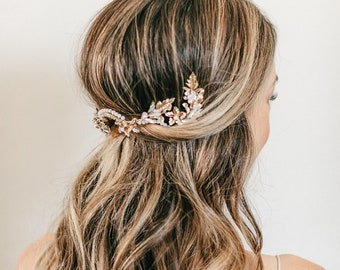 Braut Rosa Opal Kristall Boho Haarkrone, Hochzeit Kopfschmuck Halo Crown, Gold Strass Haarranke, Gold und Pink Hochzeit Kopfschmuck 1815