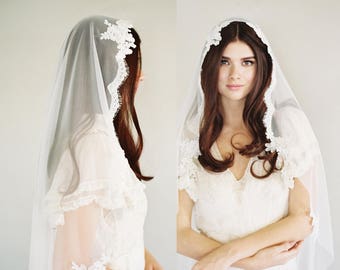 Lace Mantilla Veil, Catholic Veil, Drapey Wedding Veil, Spanish Veil-Cathedral Lace Veil, Fingertip Veil, English Net Bridal Veil  1637