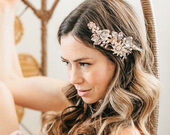 Gold Gilded Wedding Hair Clip, Crystal Floral Headpiece, Rose Gold and Pewter Crystal Bridal Hair Comb, Rhinestone Sparkling Hair Pin- 1814