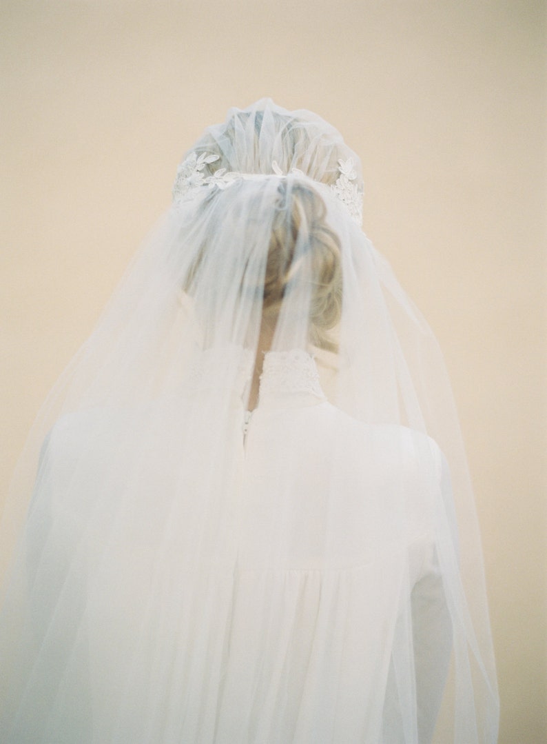 Juliet Cap Veil-Boho Veil-Bohemian Crown-Halo Crown-1920s Bride-1920s Headpiece-Chapel Length Veil Soft Wedding Veil-Lace Applique-1514 image 4