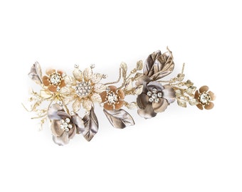 Gold Gilded Wedding Hair Clip, Crystal Floral Headpiece, Rose Gold and Pewter Crystal Bridal Hair Comb, Rhinestone Sparkling Hair Pin- 1814