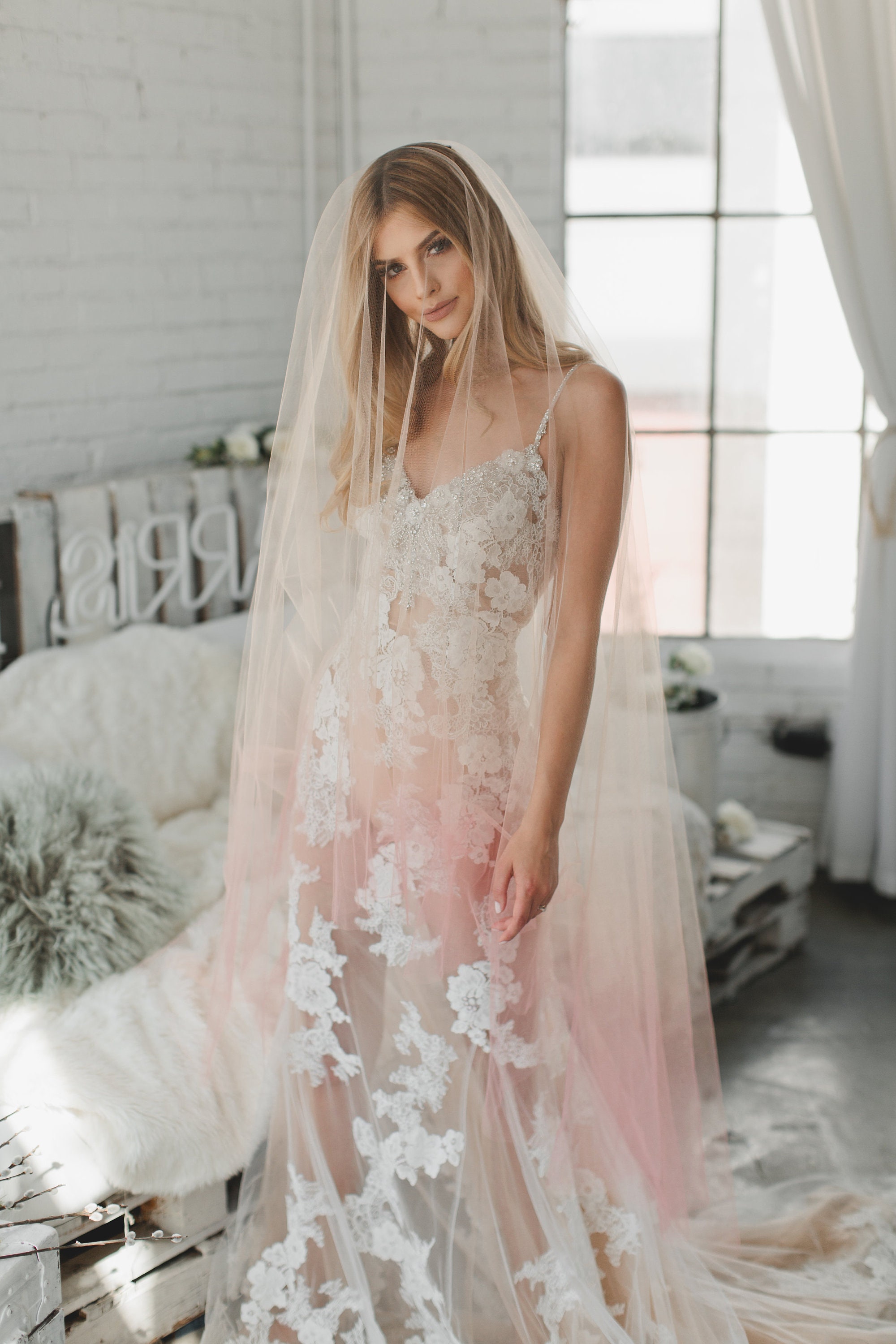 Pink Ombre Veil, Blush Ombre Drop Veil, Double Layer Pink Wedding