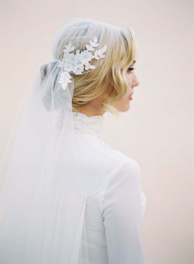 Juliet Cap Veil-Boho Veil-Bohemian Crown-Halo Crown-1920s Bride-1920s Headpiece-Chapel Length Veil Soft Wedding Veil-Lace Applique-1514 image 1