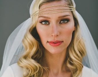 Gold Boho Headband, Bohemian Headband, Juliet Cap Veil, Veiled Beauty, Bridal Bling, Bridal Glitz, Wedding Veil, Gold Bead Hair Piece, 1411