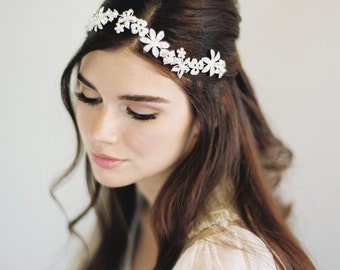 Crystal Bridal Headband, Gold Gilded Wedding Hair Band, Rhinestone and Crystal Bridal Halo Crown, Floral Crystal Hair Halo Crown 1601