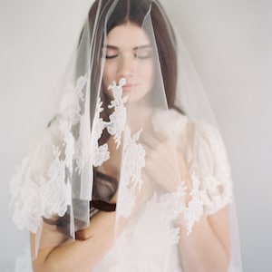 Drop Veil-Soft Tulle Fabric |Custom Veil by Veiled Beauty | Bridal Tulle Fabric-Chapel Length Veil-Simple Wedding Veil-Chantilly Fabric-1621