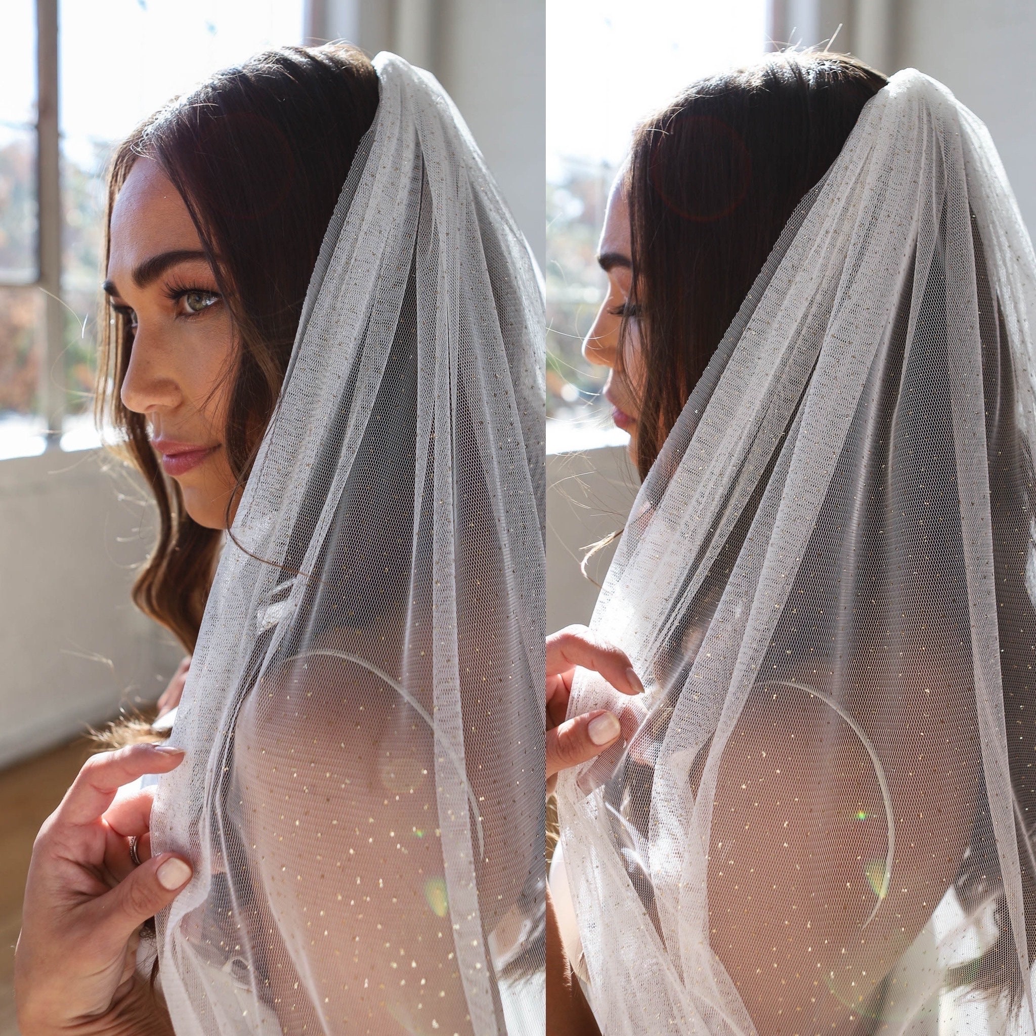 CUSTOM MADE Silver Mica Flake Veil in Ivory. Crystal Leaf Wedding Veil | Sparkling Bridal Veil with Leaf  main image 4