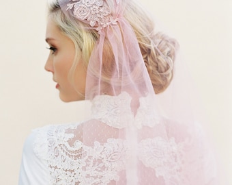 Pink Wedding Veil, Blush Veil, Lace Veil, Alencon Lace, Cap Wedding Veil, Juliet Cap Veil, Bridal Cap, Juliet Veil, 1920s Veil, Style 1510