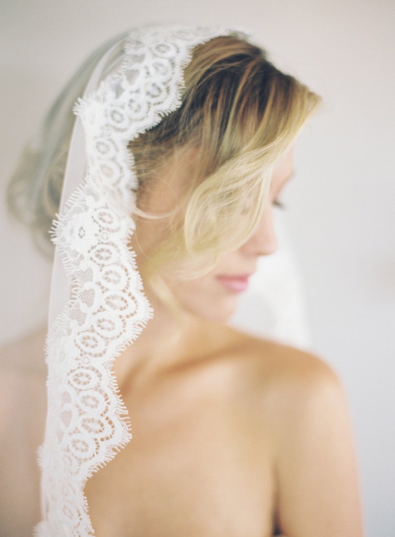 May include: A white bridal veil with a delicate lace trim. The veil is draped over the bride's head and shoulders, with the lace trim visible along the edge.
