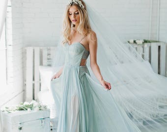 Blue Wedding Veil, Ivory Cathedral Veil, Bridal Veil, Fingertip Length, Veil, Tulle Veil, 2 Tier Veil, Bohemian Veil, Soft Wedding Veil 0802