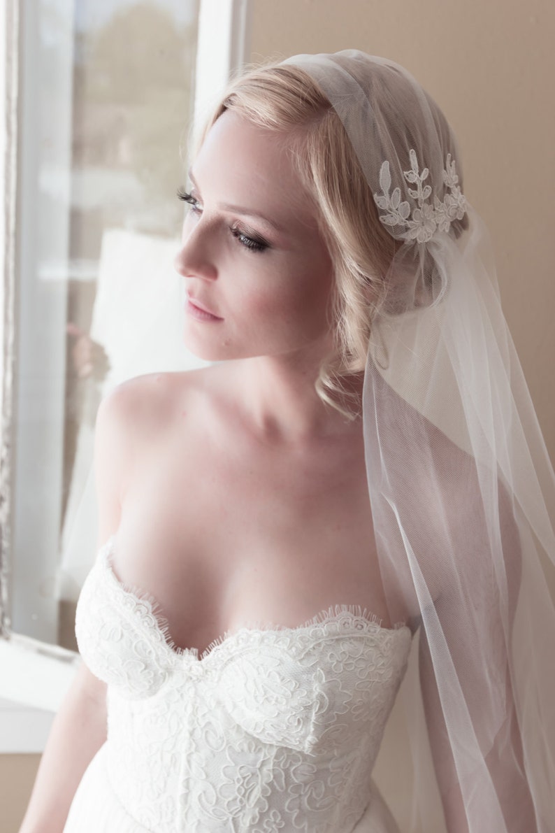 Lace Juliet Bridal Cap Wedding Veil, Alencon Lace, Juliet Tulle Veil, Lace Bridal Cap, 1920's Veil, Ivory Lace Veil, Cathedral Veil 1103 image 1