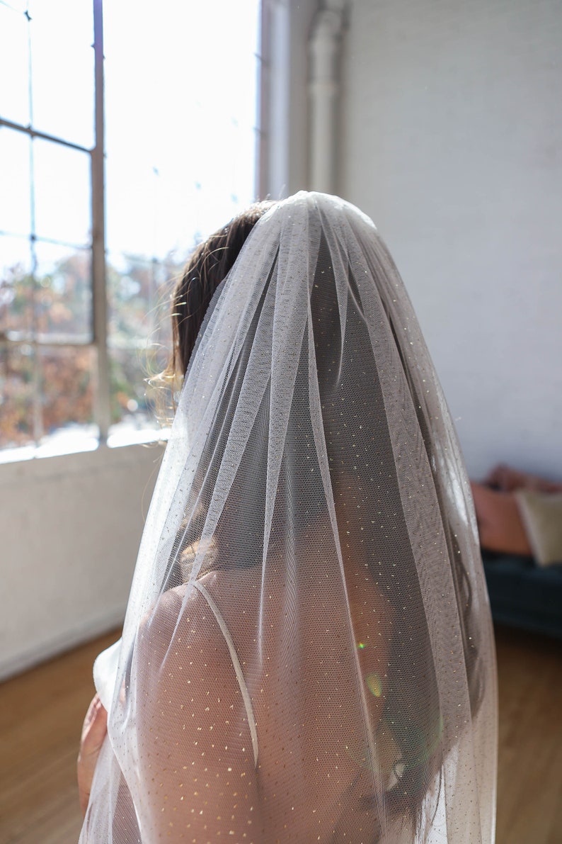 Glitter Sparkle Veil, Gold Flake Wedding Veil, Gold Foil Metallic Flaked Bridal Veil, Single Layer Long Veil, Angel Dust Veil 0801 image 4