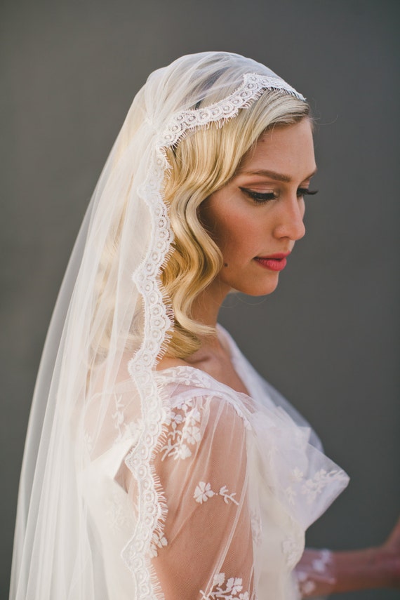 Tiara and a elbow length mantilla Lace Mantilla Style Royal Cathedral Wedding Veil E1622 main image 2
