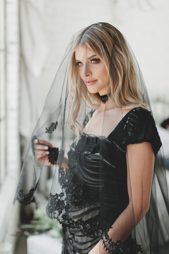 Black Veil, Cathedral Lace Veil, Drop Veil-drop Wedding Veil
