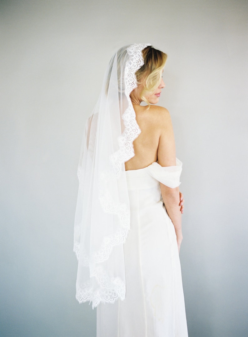 May include: A white bridal veil with a delicate lace trim. The veil is draped over the back of the bride's head and falls down her back.