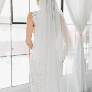 May include: A bride wearing a white lace wedding dress with a long, flowing veil. The veil is made of tulle and has a delicate lace trim. The bride is standing in front of a window, looking out at the view.