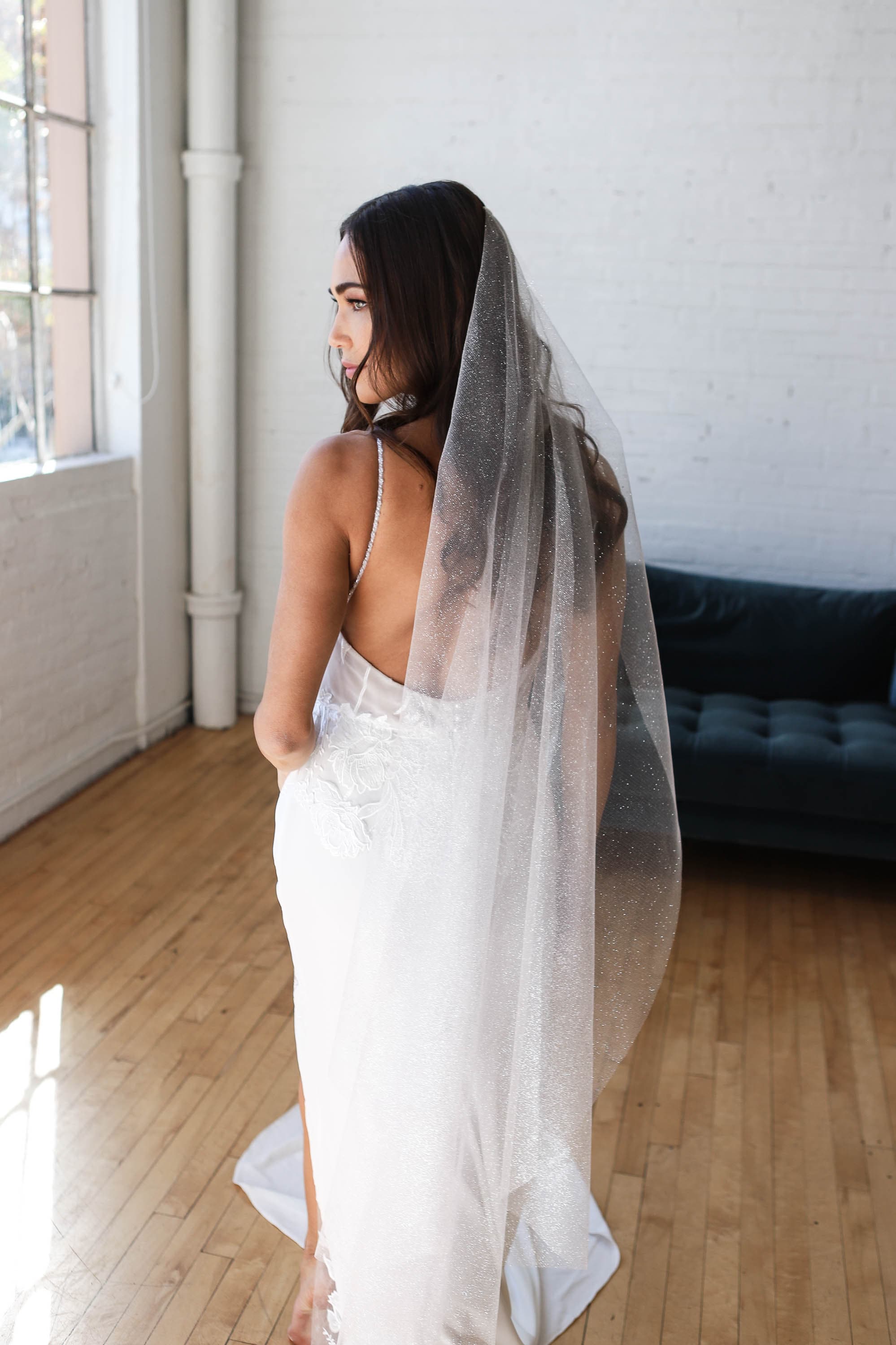 Silver Sparkle Simple Veil, Silver Flake Wedding Veil 