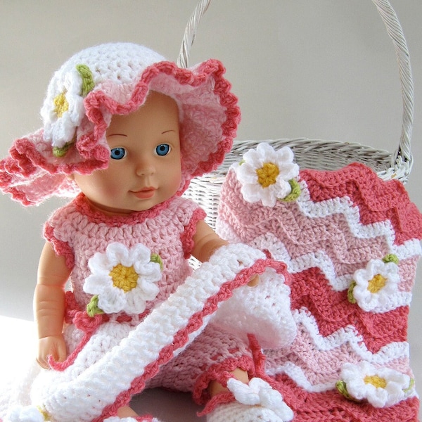 Baby Daisy Crochet Pattern PDF Download,Baby Doll Crochet Outfit,Baby Doll Clothes Pattern,15 Inch Doll Clothes,Baby Doll Dress Set,Bonnet