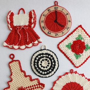 Premium Vintage Potholders Set 2 Crochet Pattern PDF Download,Vintage Granny Basket Potholder,Vintage Clock Pattern,Vintage Dress Potholder