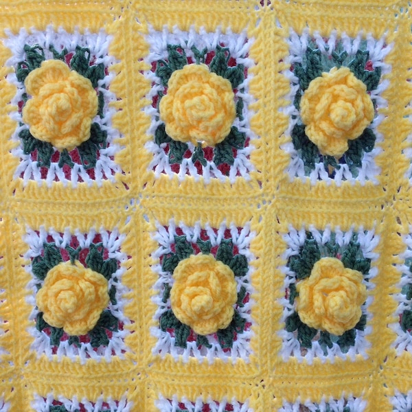 Remember Summer Afghan Crochet Pattern PDF Download,Granny Rose Afghan Pattern,Yellow Rose Blanket,Crochet Rose Afghan,Floral Crochet Throw