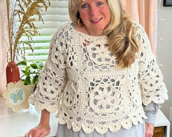 Lacy Embrace Sweater Crochet Pattern, Lacy Sweater Pattern, Granny Square Lace Crochet Top, Cropped Crochet Sweater, Crochet Pattern Sweater