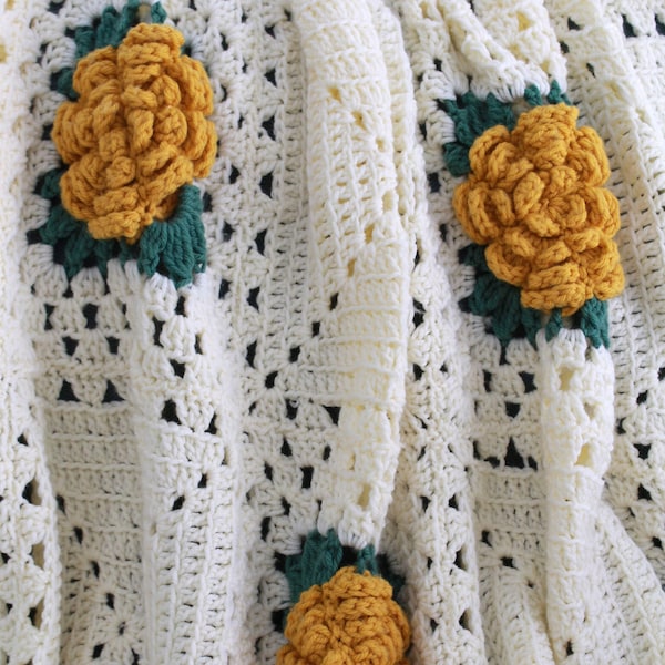 Fashion Rose Afghan Crochet Pattern PDF Download,Yellow Rose Crochet Afghan,Granny Rose Blanket,Granny Square Flower Blanket,Rose Square PDF