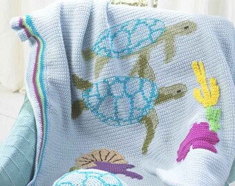 Crochet Turtle Afghan and Pillow Pattern, Under The Sea Design (PDF Download)