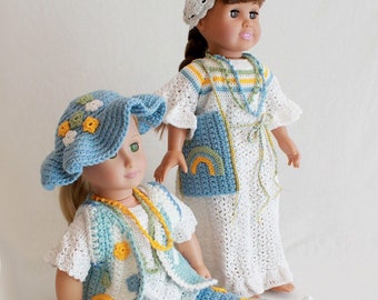 May include: Two dolls wearing crocheted outfits. The doll on the left is wearing a blue crocheted hat with flowers, a blue and white crocheted vest with a rainbow design, blue crocheted pants with a rainbow design, and a white crocheted necklace. The doll on the right is wearing a white crocheted dress with yellow stripes, a white crocheted hat, and a blue crocheted bag with a rainbow design.