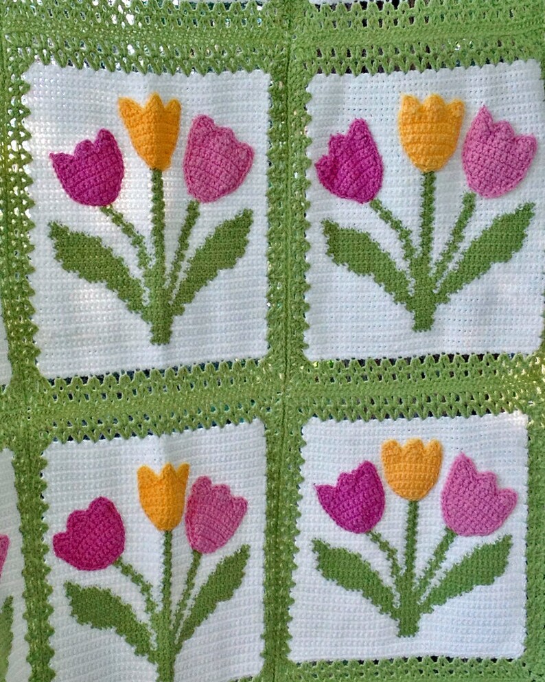 Tulip Afghan & Pillow Set Crochet Pattern PDF Download,Tulip Crochet Blanket,Floral Afghan Pattern,Tulip Applique,Tulip Afghan Crochet PDF image 5