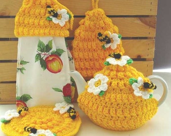 Honey Bee Kitchen Set Crochet Pattern PDF Download,Housewarming Gift,Crochet Kitchen,Crochet Potholdder,Towel Topper,Hot Pad,Tea Cozy Honey